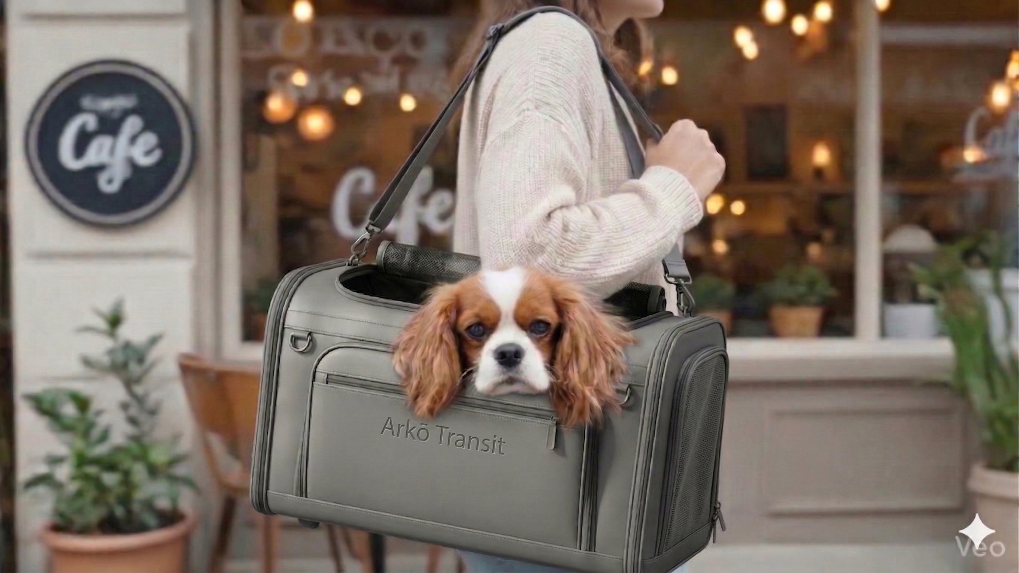 Arkō Transit outside café — duffel-first design language